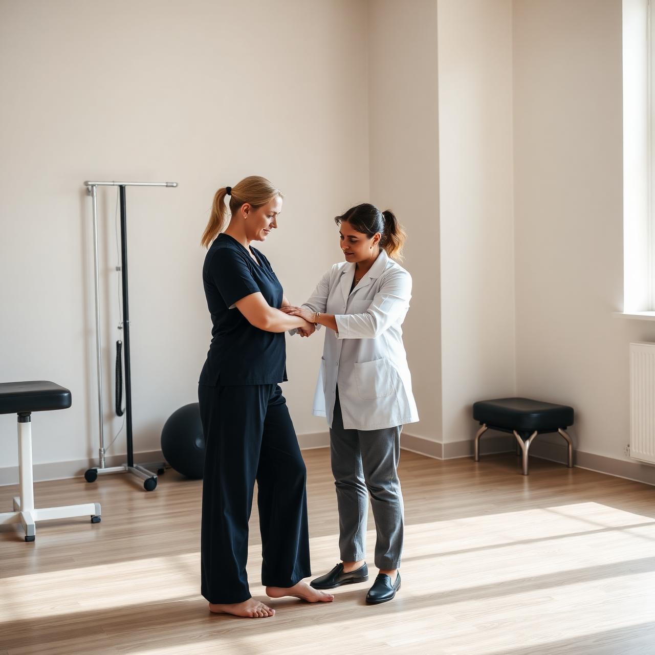 Physiotherapist guiding a client through a movement assessment in a bright clinical studio